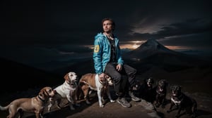 ((medium shot of 1 90 years old male)), ((sitting on top of mountains surrounded by a dozen dogs)), prismatic intelligence, speed of light, cyberpunk makeup by Conor Harrington, by Brian Oldham, dynamic pose, cinematic, extreme artistic, techwear fashion, energetic expressionism, nature, landscapes, facing forward,