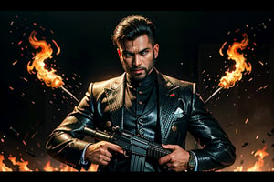  ((Panoramic and open wide shot)), masterpiece, excellent quality, perfect hands,epic running fast shooting machine gun with flames, photo realistic "indian guy", with pistol and machine gun , different weapons knives, katanas, submachine guns, grenades, in a shootout with other men, thriller style, aggressive pose, modern black and white Gucci suit, armed gun, photorealistic, highly detailed, blurry photo, intricate, incredibly detailed, super detailed, gangster texture, detailed , crazy, soft lights and shadows