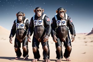 3  mutant chimpanzes in space suits explore a distant planet,ultra realistic,4 k resolution,curious looks o their faces,night sky with bright stars,full body scale,jetpack on their backs