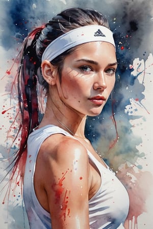 ((best quailty)), a watercolor portrait of a beautiful Russian student model tennis athlete,long black ponytail hair,headband,looking back, greasy plump lip, glowing skin, floating hair, gradient hair color, with platinum and crimson blended hair coloring for a woman,  wet on paper, wet splatters, 