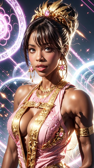 (Black African Female)Upper body shot,(Kunoichi,pink),(crystal magic_circle),pink and gold entanglement,crystal and silver entanglement,Dark-Skinned Female