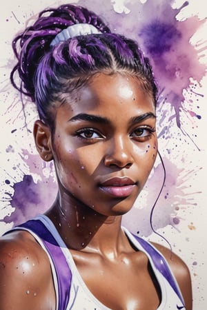 ((best quailty)), a watercolor portrait of a beautiful black african student model tennis athlete, looking back, greasy plump lip, glowing skin, floating hair, gradient hair color, with platinum and purple blended hair coloring for a woman,  wet on paper, wet splatters, 