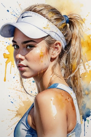 ((best quailty)), a watercolor portrait of a beautiful caucasian student model tennis athlete, looking back, greasy plump lip, glowing skin, floating hair, gradient hair color, with platinum and yellow blended hair coloring for a woman,  wet on paper, wet splatters, 