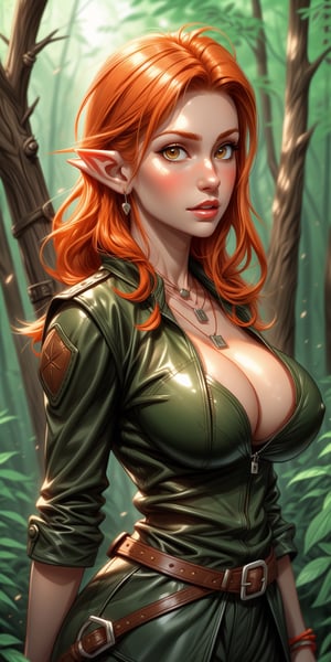 score_10, score_9, score_8_up, score_7_up, score_6_up, pretty girl, pale skin, small elf ears , orange hair , RPG leather warrior clothing , seductive look, leather and bone necklace, forest glade , (((LARGE BREASTS))), perky boobs ,glossy , top view , upper body face portrait, realistic , dynamic, cute,1 girl,midjourney