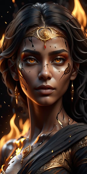 a beautiful woman, Hyperdetailed Eyes, Tee-Shirt Design, Line Art, Black Background, Ultra Detailed Artistic, Detailed Gorgeous Face, Natural Skin, Water Splash, Colour Splash Art, Fire and Ice, Splatter, Black Ink, Liquid Melting, Dreamy, Glowing, Glamour, Glimmer, Shadows, Oil On Canvas, Brush Strokes, Smooth, Ultra High Definition, 8k, Unreal Engine 5, Ultra Sharp Focus, Intricate Artwork Masterpiece, Ominous, Golden Ratio, Highly Detailed, Vibrant, Production Cinematic Character Render, Ultra High Quality Model