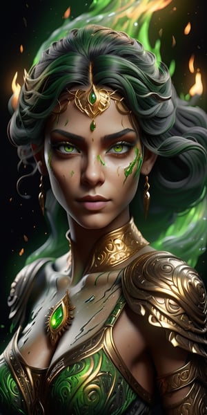 a beautiful woman, Hyperdetailed Eyes,((GREEN EYES)) Tee-Shirt Design, Line Art, Black Background, Ultra Detailed Artistic, Detailed Gorgeous Face, Green flames,Natural Skin, Water Splash, Colour Splash Art, Fire and Ice, Splatter, Black Ink, Liquid Melting, Dreamy, Glowing, Glamour, Glimmer, Shadows, Oil On Canvas, Brush Strokes, Smooth, Ultra High Definition, 8k, Unreal Engine 5, Ultra Sharp Focus, Intricate Artwork Masterpiece, Ominous, Golden Ratio, Highly Detailed, Vibrant, Production Cinematic Character Render, Ultra High Quality Model