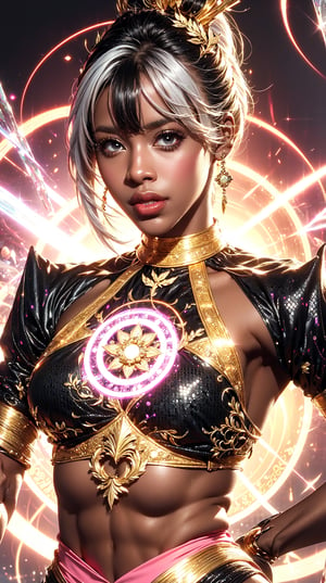 (Black African Female)Upper body shot,(Kunoichi,pink),(crystal magic_circle),pink and gold entanglement,crystal and silver entanglement,Dark-Skinned Female