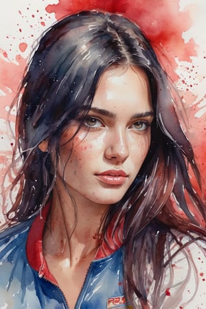 ((best quailty)), a watercolor portrait of a beautiful Russian student model tennis athlete,long black hair, looking back, greasy plump lip, glowing skin, floating hair, gradient hair color, with platinum and crimson blended hair coloring for a woman,  wet on paper, wet splatters, 