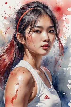 ((best quailty)), a watercolor portrait of a beautiful asian student model tennis athlete, looking back, greasy plump lip, glowing skin, floating hair, gradient hair color, with platinum and red blended hair coloring for a woman,  wet on paper, wet splatters, 