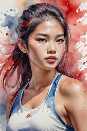 ((best quailty)), a watercolor portrait of a beautiful asian student model tennis athlete, looking back, greasy plump lip, glowing skin, floating hair, gradient hair color, with platinum and red blended hair coloring for a woman,  wet on paper, wet splatters, 