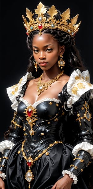 Black African woman in a gold dress and elaborate decorative platinum crown,gold topaz jewels,long flowing black hair,inspired by Lucas Cranach the Elder, inspired by Agnolo Bronzino, inspired by Dino Valls, inspired by Hendrik Goltzius, inspired by Parmigianino, inspired by Sofonisba Anguissola, inspired by Lucas Cranach the Younger(black background)