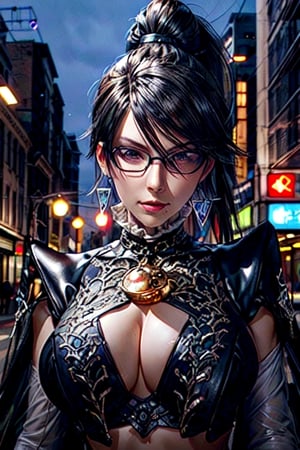 ((Upper body ))((Head to Midriff))((movie lighting)), super detailed, dramatic lighting, intricate detail,
1girl, 35 years old, bayonetta_2_long hair_aiwaifu,(((Pinned up hair with ponytail)))(((Extremely long ponytail)))Detailedface, big breasts, cleavage, black hair, beautiful face, very long shiny brown hair,  glasses,  detailed face, detailed eyes, looking_at_viewer, ,glass, street night background, defiant look
