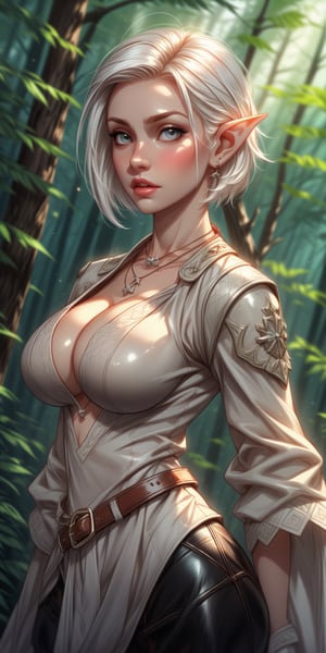 score_10, score_9, score_8_up, score_7_up, score_6_up, pretty girl, pale skin, small elf ears ,straight white short hair , (WHITE HAIR)RPG warrior clothing , seductive look, leather and bone necklace, forest glade , (((large breasts))), perky boobs ,glossy , top view , upper body face portrait, realistic , dynamic, cute,1 girl,midjourney