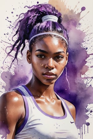 ((best quailty)), a watercolor portrait of a beautiful black african student model tennis athlete, looking back, greasy plump lip, glowing skin, floating hair, gradient hair color, with platinum and purple blended hair coloring for a woman,  wet on paper, wet splatters, 