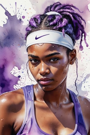 ((best quailty)), a watercolor portrait of a beautiful black african student model tennis athlete, looking back, greasy plump lip, glowing skin, floating hair, gradient hair color, with platinum and purple blended hair coloring for a woman,  wet on paper, wet splatters, 