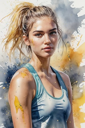 ((best quailty)), a watercolor portrait of a beautiful caucasian student model tennis athlete, looking back, greasy plump lip, glowing skin, floating hair, gradient hair color, with platinum and yellow blended hair coloring for a woman,  wet on paper, wet splatters, 