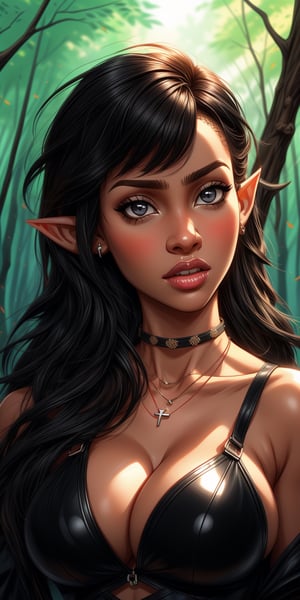score_10, score_9, score_8_up, score_7_up, score_6_up, (((BLACK AFRICAN FEMALE)))pretty girl, brown skin, small elf ears ,straight black long hair , (BLACK HAIR)RPG warrior clothing , seductive look, black leather and bone necklace, forest glade , (((large breasts))), perky boobs ,glossy , top view , upper body face portrait, realistic , dynamic, cute,1 girl,midjourney