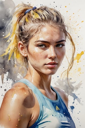 ((best quailty)), a watercolor portrait of a beautiful caucasian student model tennis athlete, looking back, greasy plump lip, glowing skin, floating hair, gradient hair color, with platinum and yellow blended hair coloring for a woman,  wet on paper, wet splatters, 