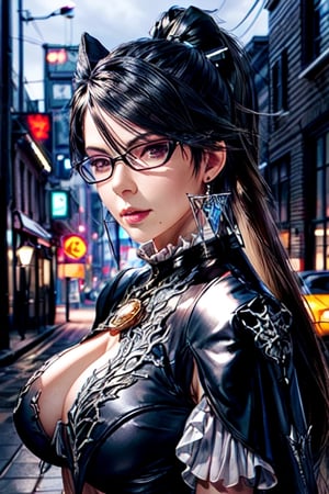 ((Upper body ))((Head to Midriff))((movie lighting)), super detailed, dramatic lighting, intricate detail,
1girl, 35 years old, bayonetta_2_long hair_aiwaifu,(((Pinned up hair with ponytail)))(((Extremely long ponytail)))Detailedface, big breasts, cleavage, black hair, beautiful face, very long shiny brown hair,  glasses,  detailed face, detailed eyes, looking_at_viewer, ,glass, street night background, defiant look
