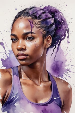 ((best quailty)), a watercolor portrait of a beautiful black african student model tennis athlete, looking back, greasy plump lip, glowing skin, floating hair, gradient hair color, with platinum and purple blended hair coloring for a woman,  wet on paper, wet splatters, 