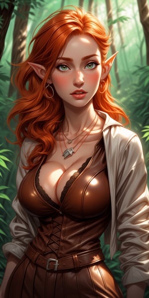 score_10, score_9, score_8_up, score_7_up, score_6_up, pretty girl, pale skin, small elf ears , orange hair , RPG leather warrior clothing , seductive look, leather and bone necklace, forest glade , (((LARGE BREASTS))), perky boobs ,glossy , top view , upper body face portrait, realistic , dynamic, cute,1 girl,midjourney