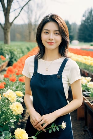 xxmixgirl,Digital color photography portrait of a woman working at a flower gardon, smiling at the camera, minimal, bright light ,film,graininess,smile,cold,Grainy