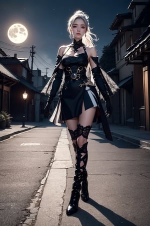 Ultra Detailed, 50mm, official art, unity 8k wallpaper, ultra detailed, aesthetic, masterpiece, best quality, photorealistic, princess_cut, long_white_hair, jewelry, earrings, ponytail, bare shoulders,red_eyes, hair between eyes,boots, elbow gloves,sleeveless, black gloves,black_lace_dress,leggings, black skirt, black footwear, full body, long_legs, white-skinned girl, tall, narrow waist, dynamic pose,1_girl,katana_ice, fullmoon, hair_past_waist, long_legs, lace_cape