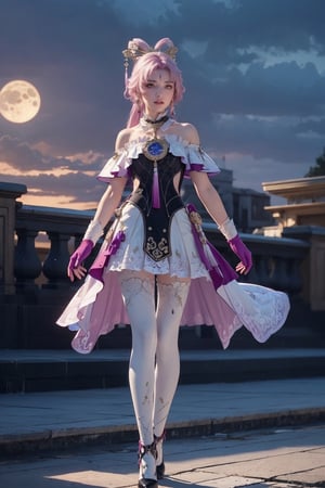 Ultra Detailed, 50mm, official art, unity 8k wallpaper, ultra detailed, aesthetic, masterpiece, best quality, photorealistic, princess_cut, pink_white_hair, jewelry, earrings, ponytail, bare shoulders,golden_eyes, hair between eyes,, elbow gloves,sleeveless, white gloves,black_lace_dress,white_leggings, black skirt, lace_thighhigh,white slipper, full body, long_legs, white-skinned girl, tall, narrow waist, dynamic pose,1_girl, fullmoon, hair_past_waist,fuxuan