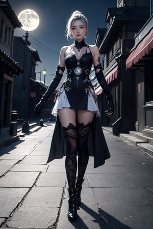 Ultra Detailed, 50mm, official art, unity 8k wallpaper, ultra detailed, aesthetic, masterpiece, best quality, photorealistic, princess_cut, long_white_hair, jewelry, earrings, ponytail, bare shoulders,red_eyes, hair between eyes,boots, elbow gloves,sleeveless, black gloves,black_lace_dress,leggings, black skirt, black footwear, full body, long_legs, white-skinned girl, tall, narrow waist, dynamic pose,1_girl,katana_ice, fullmoon