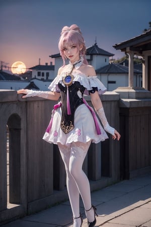 Ultra Detailed, 50mm, official art, unity 8k wallpaper, ultra detailed, aesthetic, masterpiece, best quality, photorealistic, princess_cut, pink_white_hair, jewelry, earrings, ponytail, bare shoulders,brown_eyes, hair between eyes,, elbow gloves,sleeveless, white gloves,black_lace_dress,white_leggings, black skirt, lace_thighhigh,white_slipper,white_shoe, full body, long_legs, white-skinned girl, tall, narrow waist, dynamic pose,1_girl, fullmoon, hair_past_waist,asian,alluring_lolita_girl
