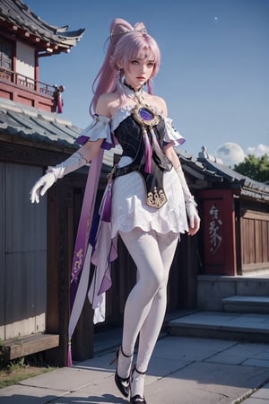 Ultra Detailed, 50mm, official art, unity 8k wallpaper, ultra detailed, aesthetic, masterpiece, best quality, photorealistic, princess_cut, pink_white_hair, jewelry, earrings, ponytail, bare shoulders,brown_eyes, hair between eyes,, elbow gloves,sleeveless, white gloves,black_lace_dress,white_leggings, black skirt, lace_thighhigh,white_slipper,white_shoe, full body, long_legs, white-skinned girl, tall, narrow waist, dynamic pose,1_girl, fullmoon, hair_past_waist,chinese_shrine,