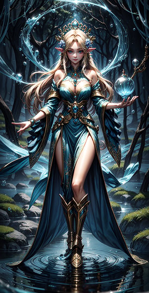 "In a realm of enchantment, a radiant elven woman stands amidst the ethereal beauty of a magical forest. Her porcelain skin seems to catch the very light that filters through the ancient trees, highlighting delicate features and a sense of timeless elegance. Clad in intricately woven garments that mirror the flora around her, she holds a staff crowned with a brilliant crystal, exuding an aura of mystic power. Her blonde hair cascades like liquid gold, framing a face adorned with a subtle touch of makeup that enhances her natural allure. Her eyes, a captivating shade of glowing blue, hold a depth of wisdom and curiosity, while her lips are poised in a gentle, enchanting smile that seems to invite the wonders of the forest to share in her presence." Full body, Harem outfit, using water magic, water ball magic, sparkle water ball