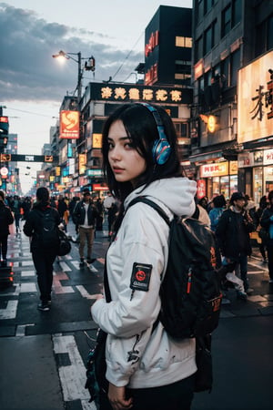 Dreampolis, hyper-detailed digital illustration, cyberpunk, single girl with techsuite hoodie and headphones in the street, neon lights, lighting bar, city, cyberpunk city, film still, backpack, in megapolis, pro-lighting, high-res, masterpiece