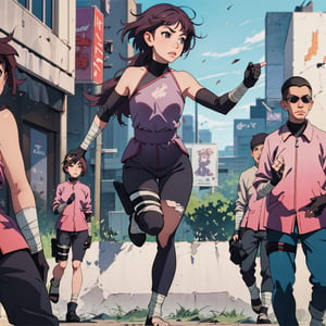 (best quality), (highly detailed), masterpiece, (official art),elbow gloves, bandages, short pants,  sky, (intricately detailed, hyperdetailed), blurry background,depth of field, best quality, masterpiece, intricate details, tonemapping, sharp focus, hyper detailed, trending on Artstation,1 girl, high res, official art,
Animated cartoon style, 1 girl,an empty city scene as background(bokeh 1.0). The city scene is a bleak scene after the apocalypse.camera shot of a pair of black booted feet continuing to walk with papers, newspapers and dust flying on the ground around the feet((focus on legs))
