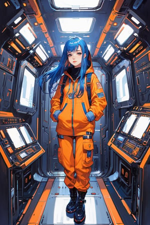 1girl, orange blue hair, very long hair, center parted bangs bangs, hooded sweatshirt blue dungarees garter straps loafers, sci-fi in space ship midnight,