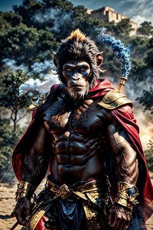 Real Monkey King-Wukong, monkey face, human body, man,warrior look, hair, gold headband, shield,3d image of video game, Wukong wearing golden armor battle robe, （red cape fluttering）, （holding a golden rod）, mighty in the midst of smoke and fog, behind the Gobi Beach. Movie live-action, real photo, HD 8k, screen showing gray-blue tones.masterpiece, photorealistic 