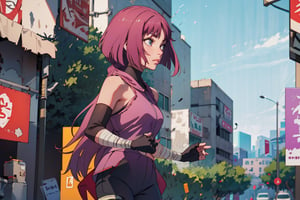 (best quality), (highly detailed), masterpiece, (official art),elbow gloves, bandages, short pants,  sky, (intricately detailed, hyperdetailed), blurry background,depth of field, best quality, masterpiece, intricate details, tonemapping, sharp focus, hyper detailed, trending on Artstation,1 girl, high res, official art,
Animated cartoon style, 1 girl, side camera shot of focus her face,an empty city scene as background(bokeh 1.0). The city scene is a bleak scene after the apocalypse.