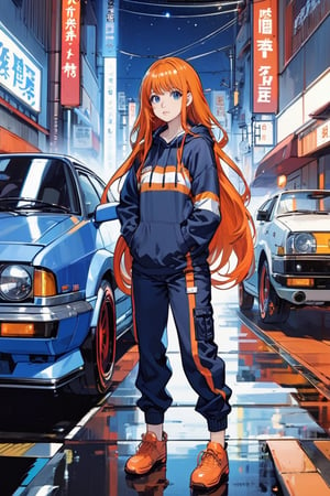 1girl, orange blue hair, very long hair, center parted bangs bangs, hooded sweatshirt blue dungarees garter straps loafers, sci-fi in hokaido City midnight, standing infront of Toyota AE86((red color))