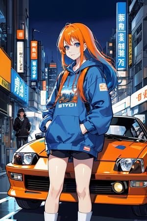 1girl, orange blue hair, very long hair, center parted bangs bangs, hooded sweatshirt blue dungarees garter straps loafers, sci-fi in City midnight, standing infront of Toyota AE86