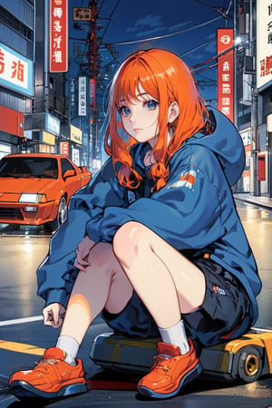 1girl, orange blue hair, very long hair, center parted bangs bangs, hooded sweatshirt blue dungarees garter straps loafers, short pants, sitting on the Road,sci-fi in hokaido City midnight, standing infront of Toyota AE86((red color))