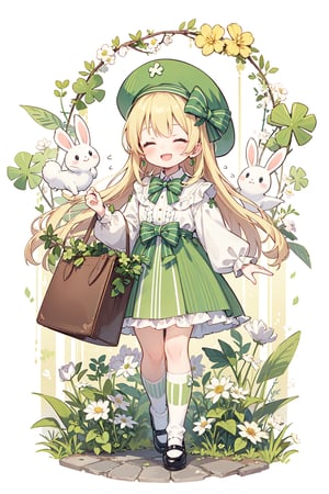 St. Patrick's Day, celts, Clover, formal hat, hat, 1girl, closed_eyes, long_hair, striped, flower, hat, smile, open_mouth, white_flower, bow, facing_viewer, ^_^, standing, shoes, vertical_stripes, striped_background, pokemon_(creature), green_headwear, socks, white_legwear, long_sleeves, blonde_hair, :d, blush, dress, very_long_hair, green_dress, skirt, holding, green_bow, bunny, solo, hair_bow, hat_bow, full_body, diagonal_stripes, clover, jewelry, shirt