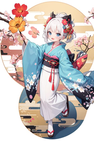 japanese_clothes, kimono, 1girl, wide_sleeves, blue_eyes, flower, floral_print, egasumi, sash, obi, hair_ornament, solo, hair_flower, open_mouth, blue_kimono, white_kimono, sandals, smile, looking_at_viewer, full_body, holding, white_hair, blush, tabi, print_kimono, long_sleeves, white_legwear, new_year, furisode, :d,masterpiece