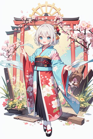 japanese_clothes, kimono, 1girl, floral_print, solo, blue_eyes, wide_sleeves, cherry_blossoms, new_year, print_kimono, torii, short_hair, egasumi, looking_at_viewer, hair_ornament, full_body, sash, open_mouth, obi, long_sleeves, white_legwear, standing, blush, smile, flower, silver_hair,