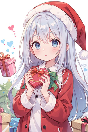 1girl,Christmas, gift, box, gift_box, holding_gift, red_headwear, hat, solo, blush, blue_eyes, incoming_gift, long_hair, heart-shaped_box, looking_at_viewer, valentine, holding_box, holding, long_sleeves, silver_hair,