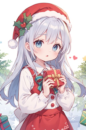 1girl,Christmas, gift, box, gift_box, holding_gift, red_headwear, hat, solo, blush, blue_eyes, incoming_gift, long_hair, heart-shaped_box, looking_at_viewer, valentine, holding_box, holding, long_sleeves, silver_hair,