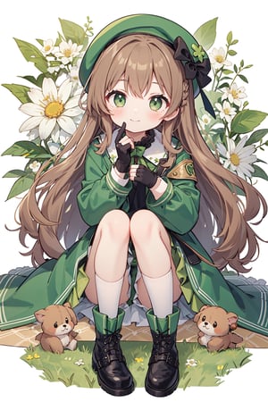 St. Patrick's Day, celts, Clover, formal hat, 1girl, hat, solo, gloves, long_hair, brown_hair, green_eyes, flower, looking_at_viewer, long_sleeves, fingerless_gloves, smile, green_footwear, knees_up, green_skirt, boots, green_headwear, green_dress, sitting, braid, very_long_hair, black_gloves, blush, full_body, jacket, green_legwear, beret, skirt, closed_mouth, shoes, dress, green_jacket, white_flower, wavy_hair