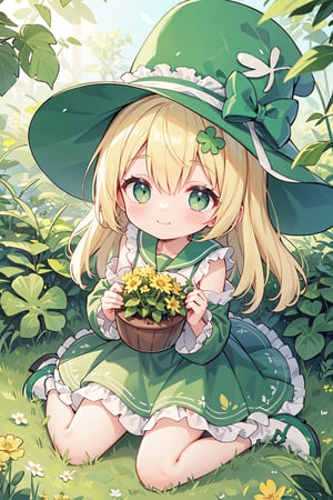 St. Patrick's Day, celts, Clover, formal hat, hat,1girl, hat, blonde_hair, solo, dress, bug, insect, butterfly, flower, hair_over_one_eye, green_dress, long_hair, long_sleeves, sitting, blush, green_eyes, smile, clover, bow, closed_mouth, green_bow, holding, four-leaf_clover, sailor_collar, food, looking_at_viewer, green_headwear, full_body, sun_hat, yellow_flower, frilled_dress, green_footwear, frills, sleeveless_dress, green_neckwear, very_long_hair, sleeveless