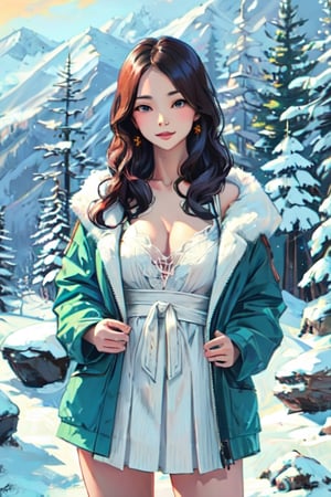 (masterpiece, best quality:1.15), sexy woman, snow, pine tree, rock, plant, nature, scenery, outdoors
