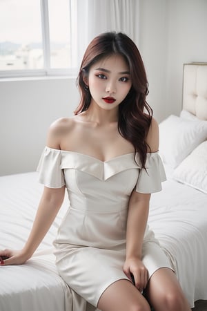 (Image of Eun-U Duri Choi, a 19-year-old Asian woman, in a white off-shoulder dress with heavy makeup and bloody red lipstick, sitting on a white bed in a white room), (Cute, Sexy, Expressive Eyes, Long Silky Hair, Perfect Female Form), (Professional DSLR camera), (Portrait lens with a wide aperture), (Midday), (Fashion photography), (Vibrant Fuji Provia 100F film).




