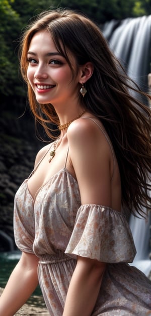 create a masterpiece, Best Quality, photorealistic, highly detailed, 1 beautiful woman daydreaming. She is wearing summer dress, longhair, earrings, necklace, beautiful detailed eyes, realistic detailed skin, smiling, perfect teeth, background of waterfall,
,blurry_light_background,perfecteyes